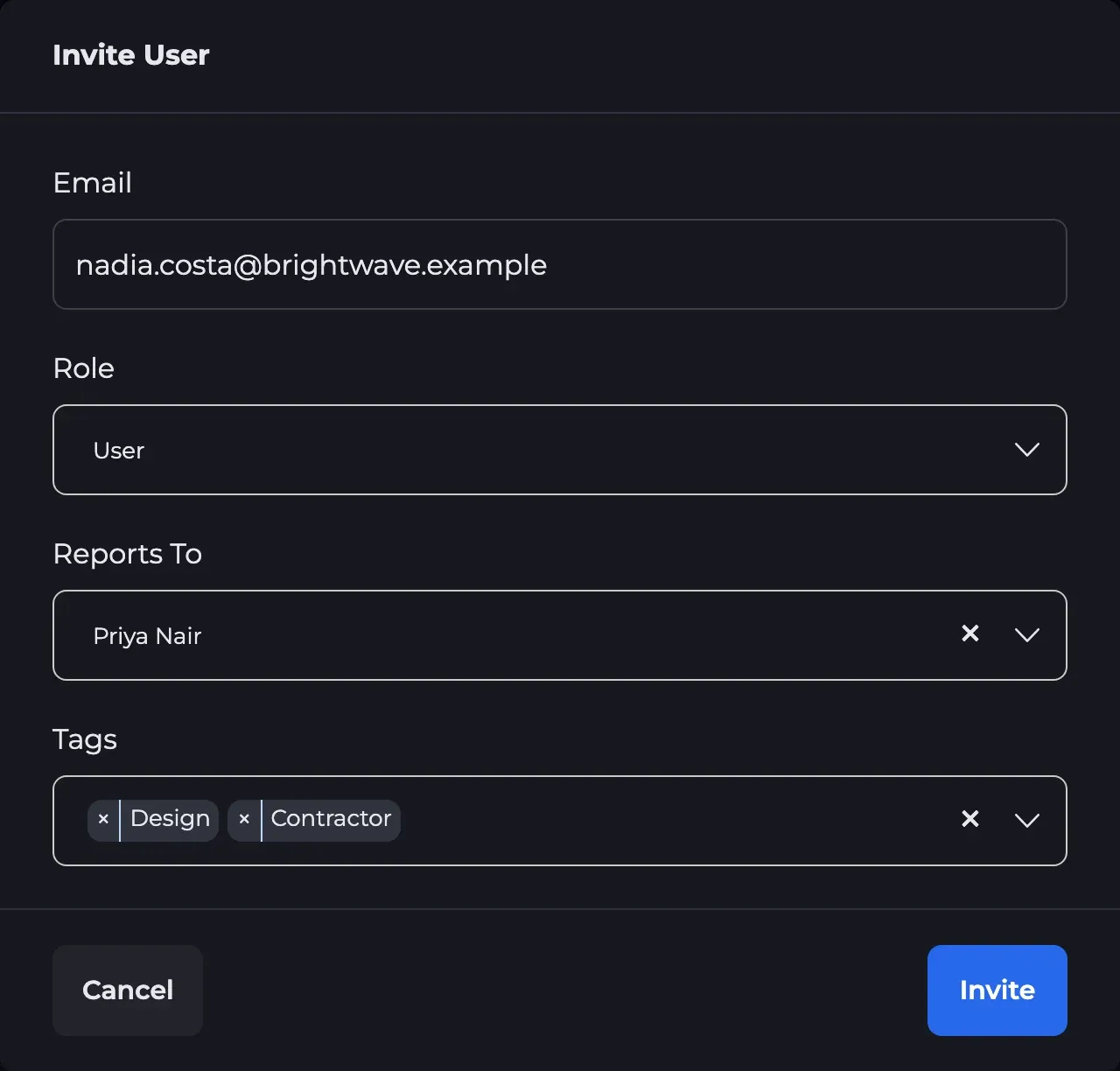 The Invite User dialog with email, role, manager and tags filled in.
