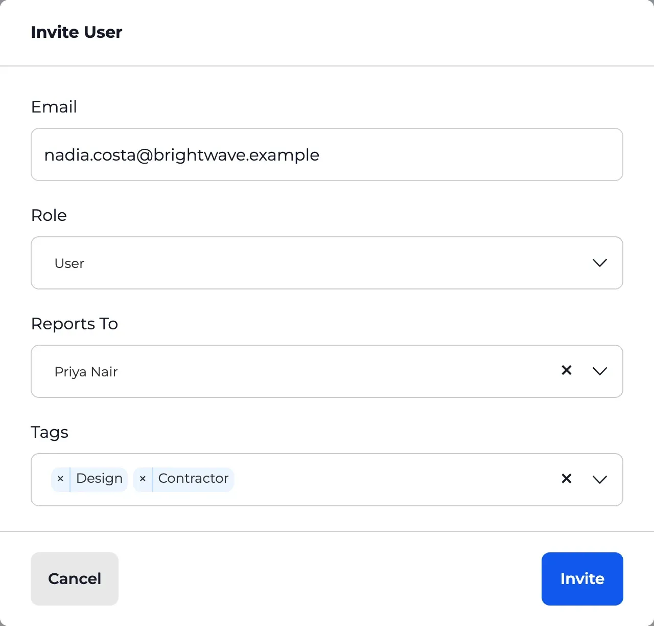 The Invite User dialog with email, role, manager and tags filled in.