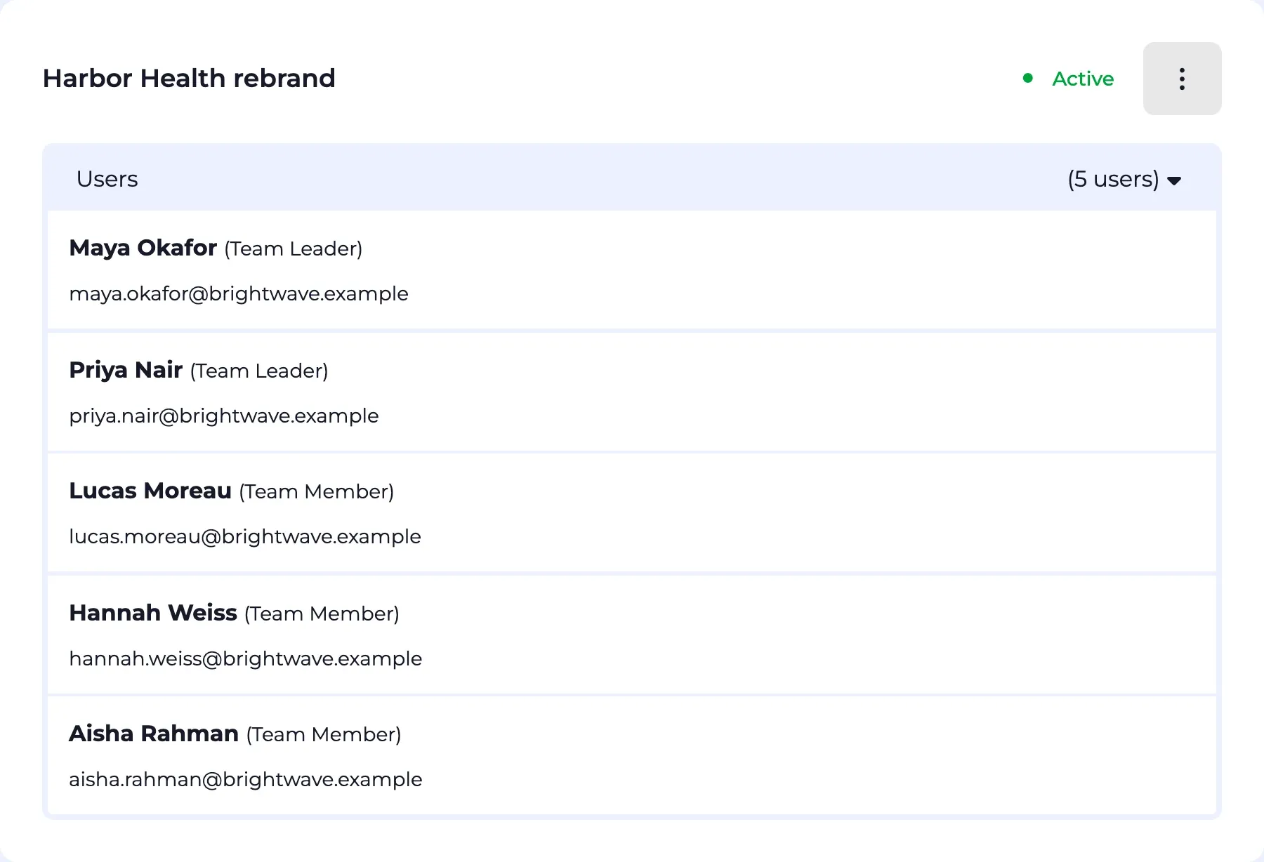 A project expanded to show its team leaders and team members.