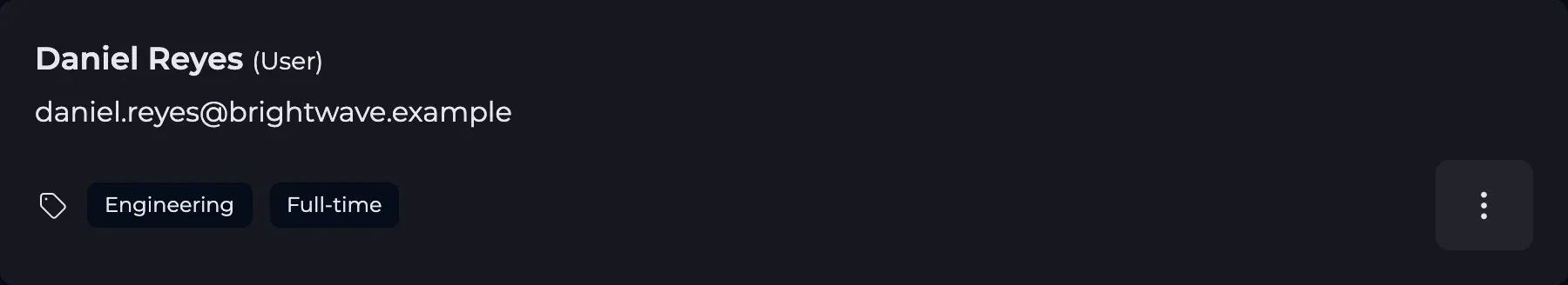 A user card with role, email and tags.