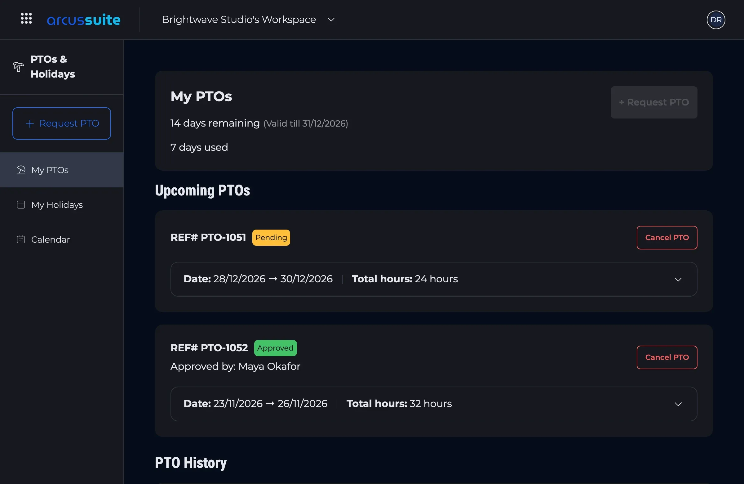My PTOs: days remaining and used, upcoming requests that can be cancelled, and past time off.