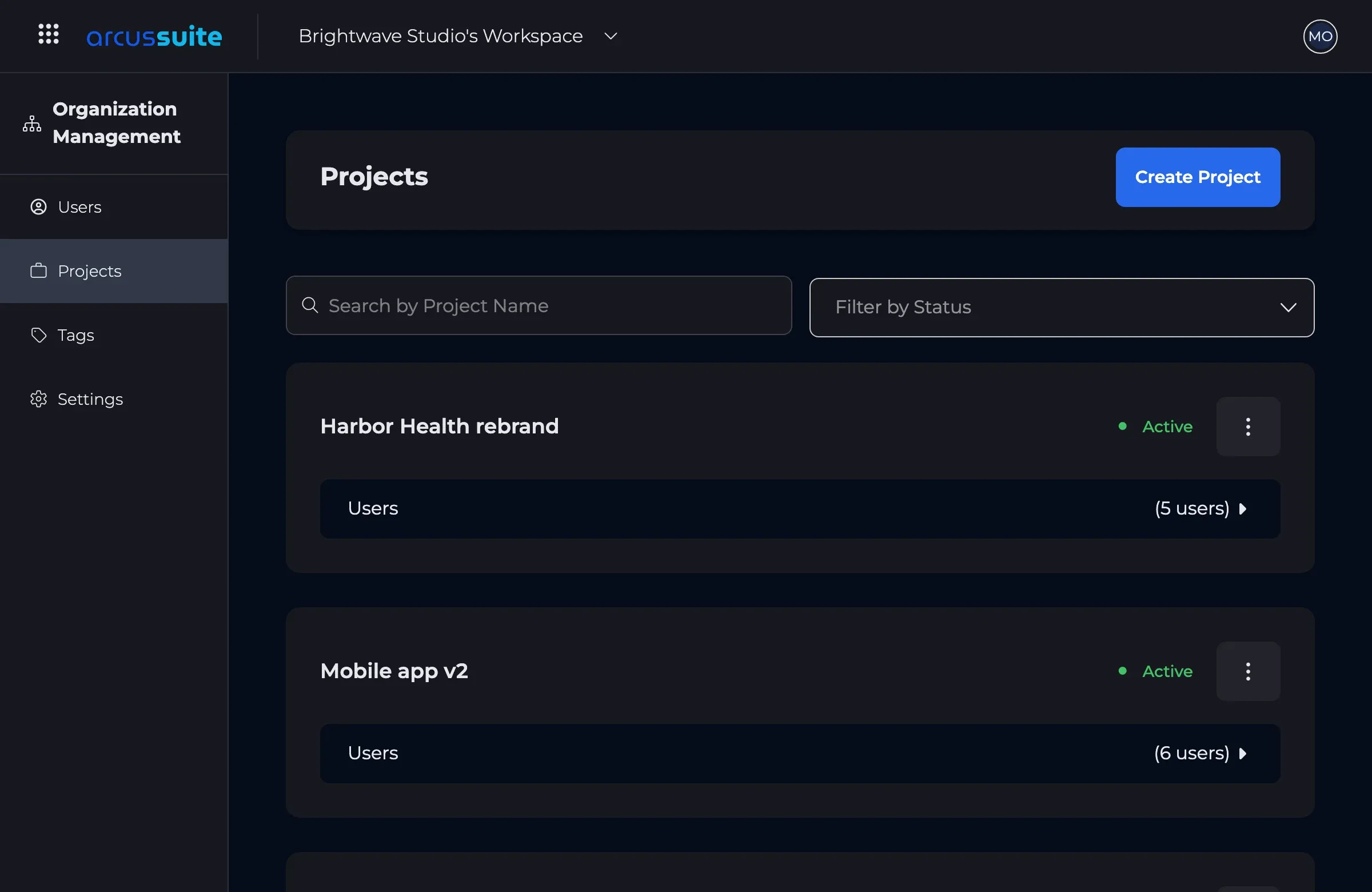 The projects list: each project's status and the number of people on it.