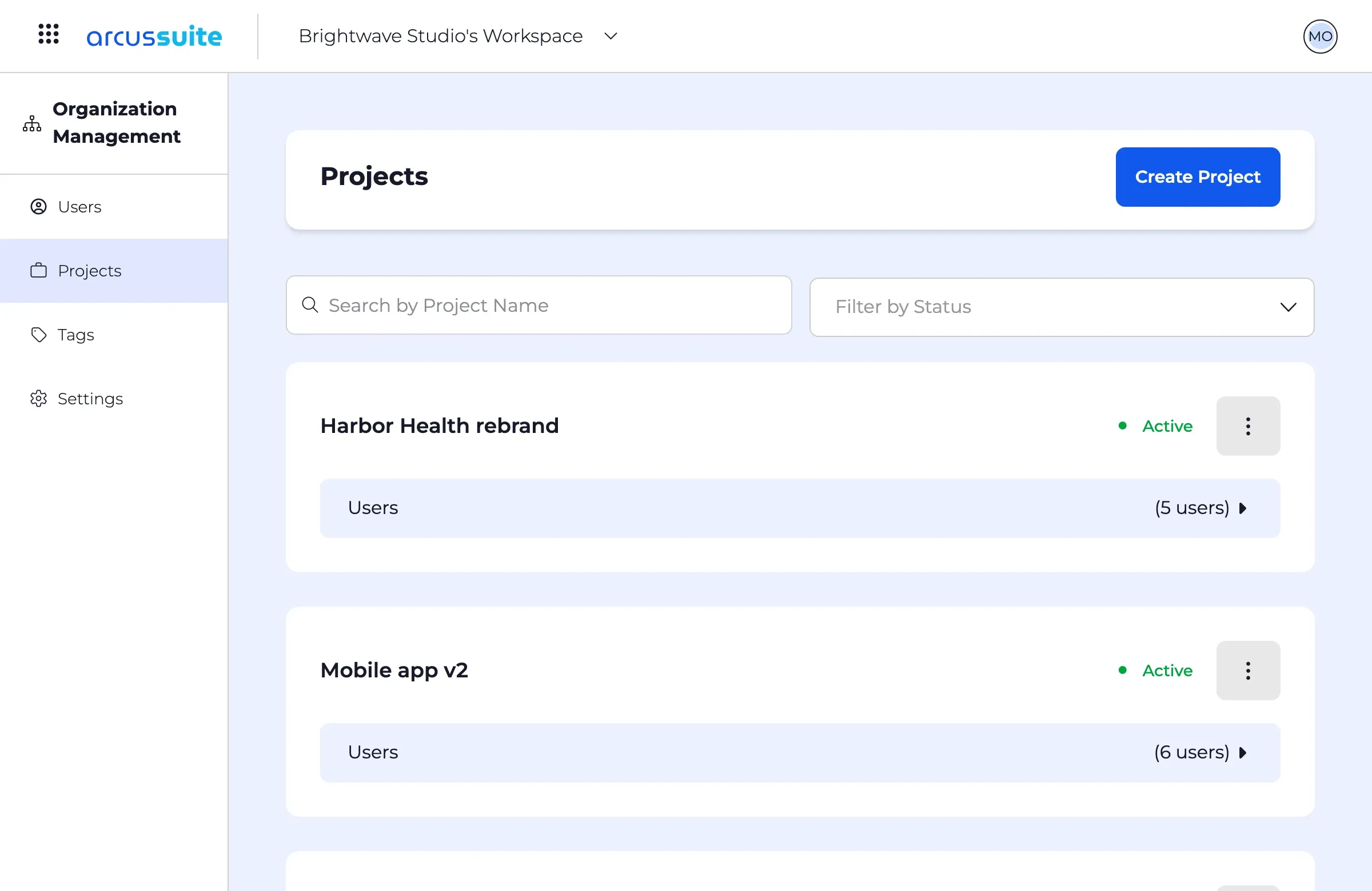 The projects list: each project's status and the number of people on it.