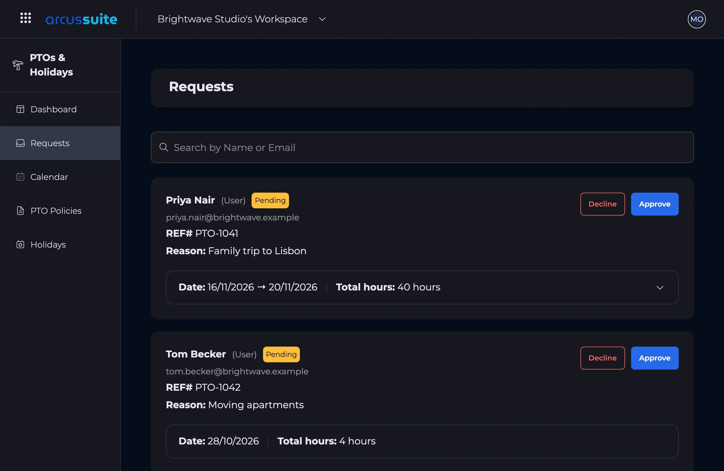 The time off request queue: pending requests with dates, hours and reasons, each with Approve and Decline.