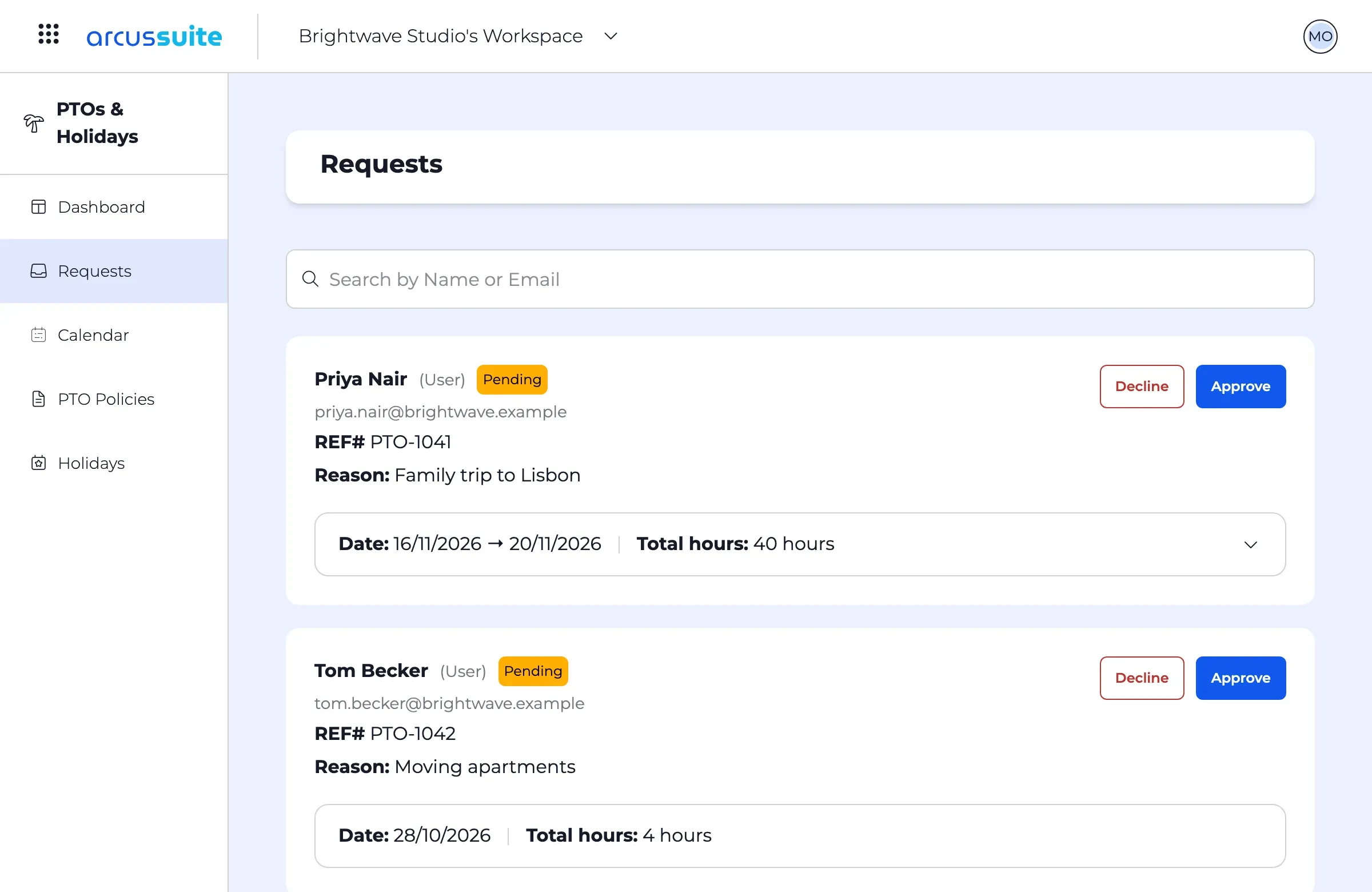 The time off request queue: pending requests with dates, hours and reasons, each with Approve and Decline.