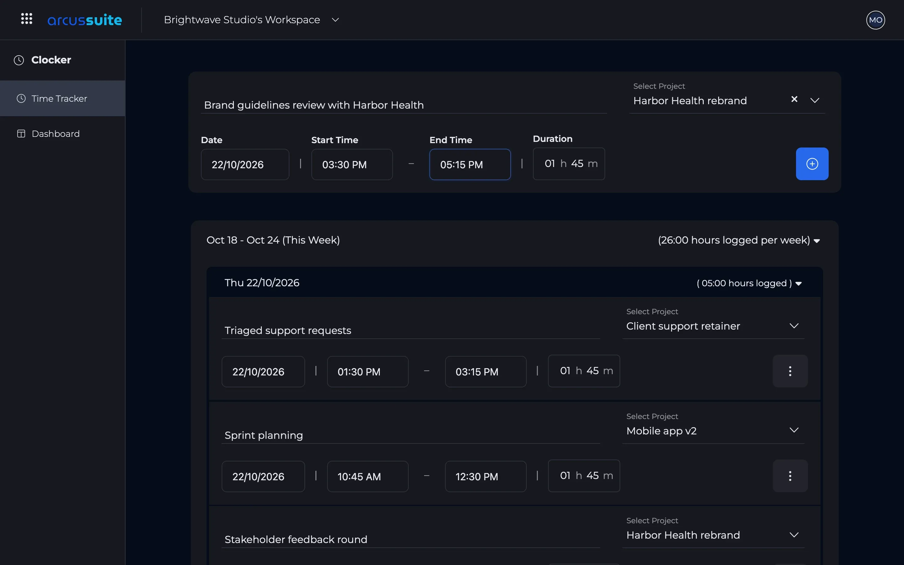 The Clocker time tracker: an entry for Harbor Health with date, start, end and duration, above this week's logged entries.