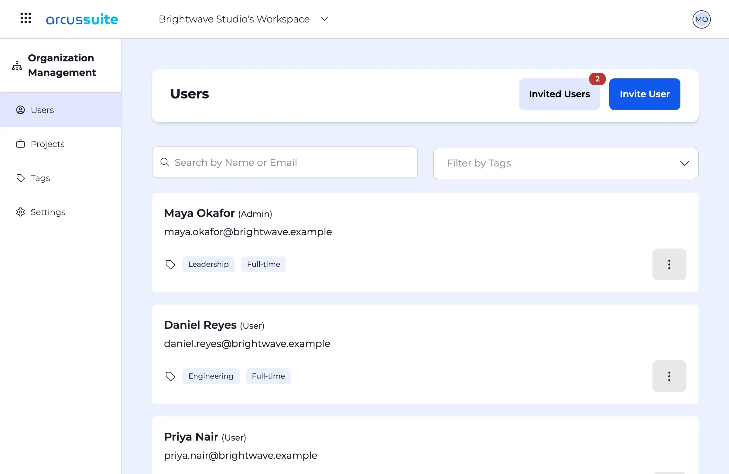 The users list: each person's role, email and tags, with Invite User and Invited Users.